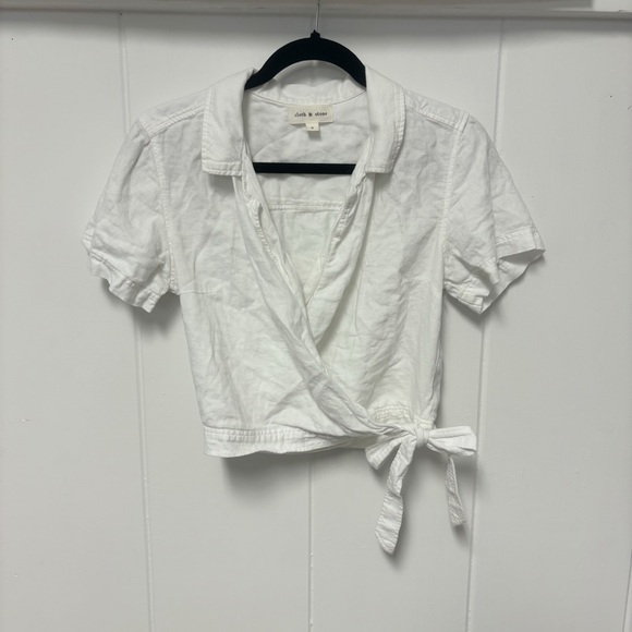 Anthropologie Cloth & Stone Wrap-Front White LinenCrop Top Small - Picture 3 of 8